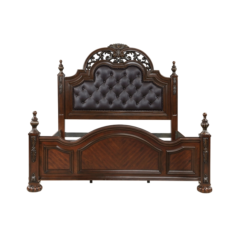 Pemberly Row Queen Bed with Button Tufted Faux Leather Headboard in Cherry