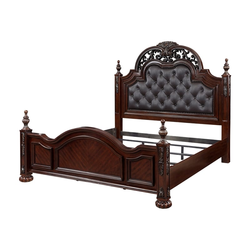 Pemberly Row Queen Bed with Button Tufted Faux Leather Headboard in Cherry