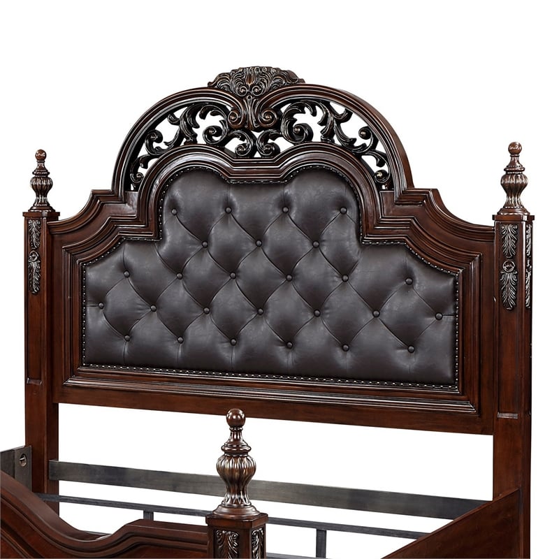 Pemberly Row Queen Bed with Button Tufted Faux Leather Headboard in Cherry