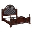 Pemberly Row Queen Bed with Button Tufted Faux Leather Headboard in Cherry