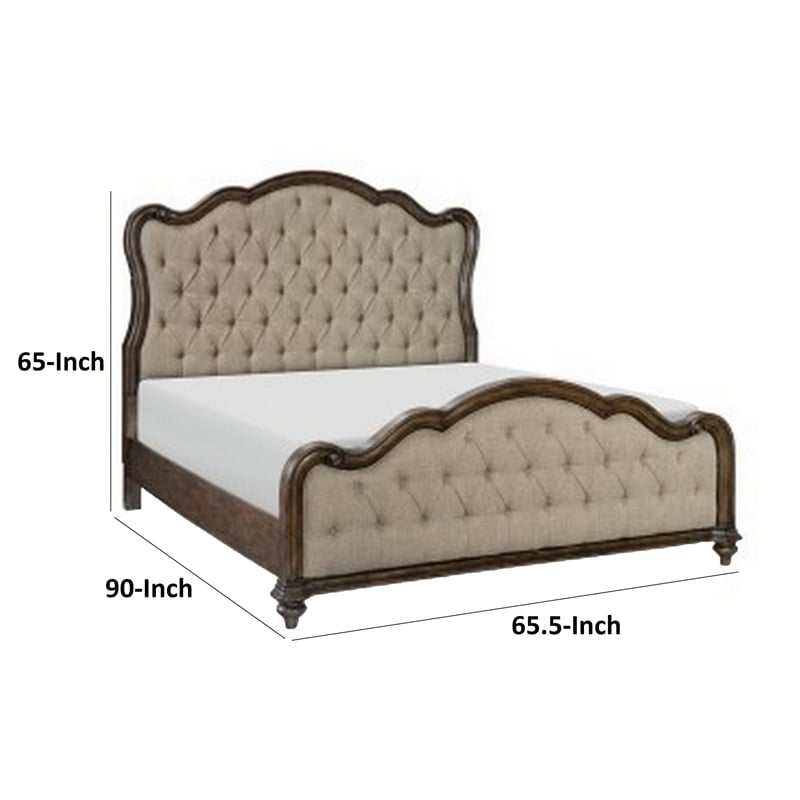 Pemberly Row Queen Bed with Button Tufted Beige Fabric Upholstery in Brown