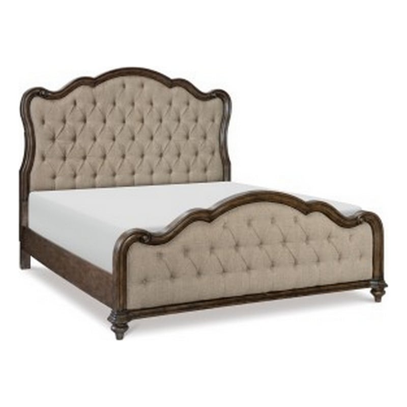Pemberly Row Queen Bed with Button Tufted Beige Fabric Upholstery in Brown