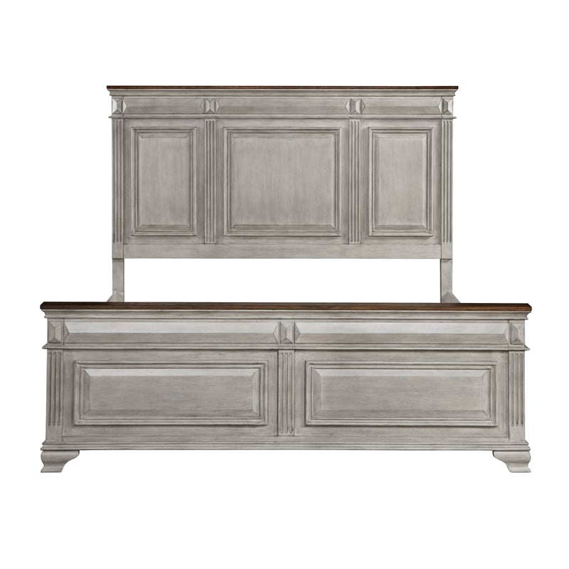 Pemberly Row Queen Size Bed with Rustic Headboard Design in Brown Gray Oak