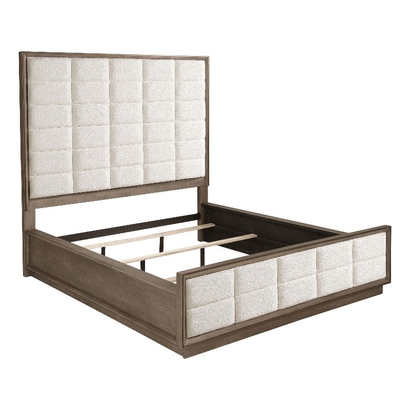Pemberly Row California King Bed Grid Tufted Ivory Upholstery in Oak Brown