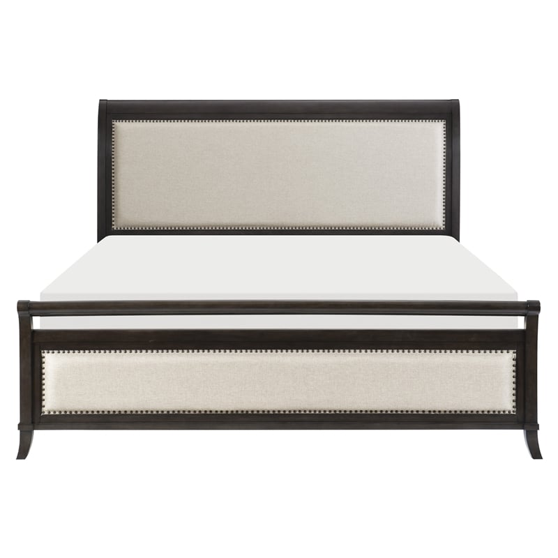 Pemberly Row Queen Bed with Sleigh Headboard Design in Beige Upholstery