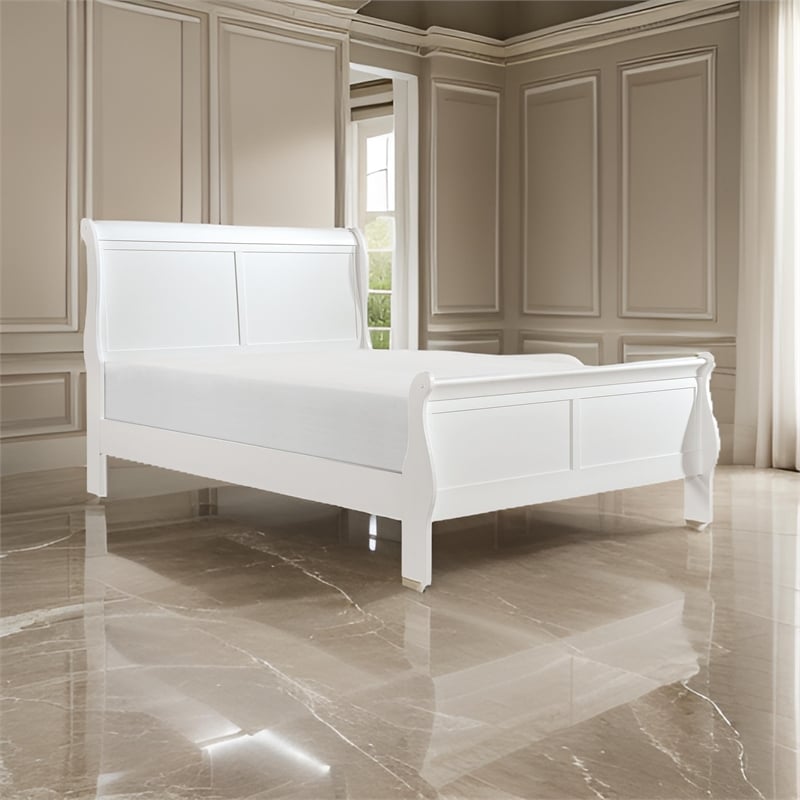 Pemberly Row Full Size Bed with Panel Headboard in White Solid Wood Finish