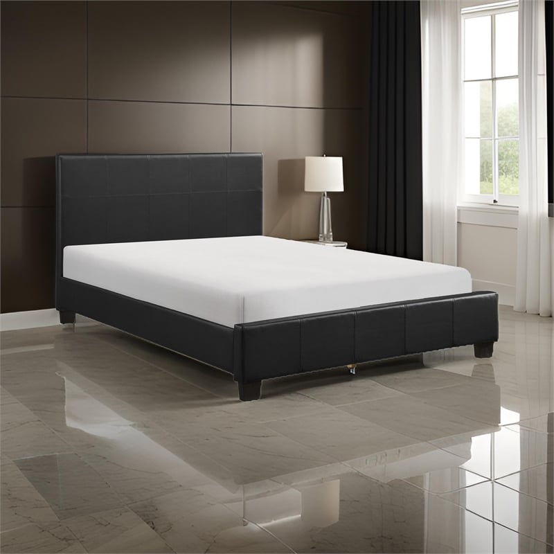 Pemberly Row Queen Size Platform Bed in Black Faux Leather Upholstery Frame
