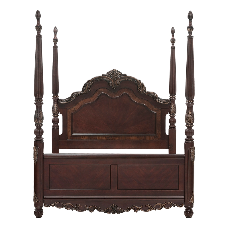 Pemberly Row Queen Size Poster Bed with Shell Motifs and Burl Inlays Brown