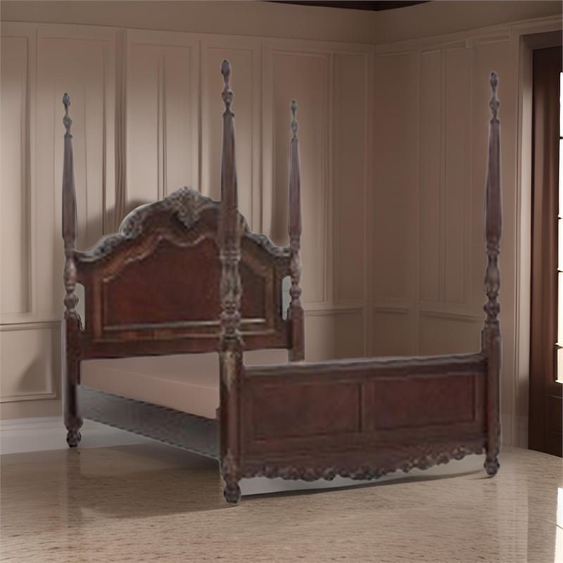 Pemberly Row Queen Size Poster Bed with Shell Motifs and Burl Inlays Brown