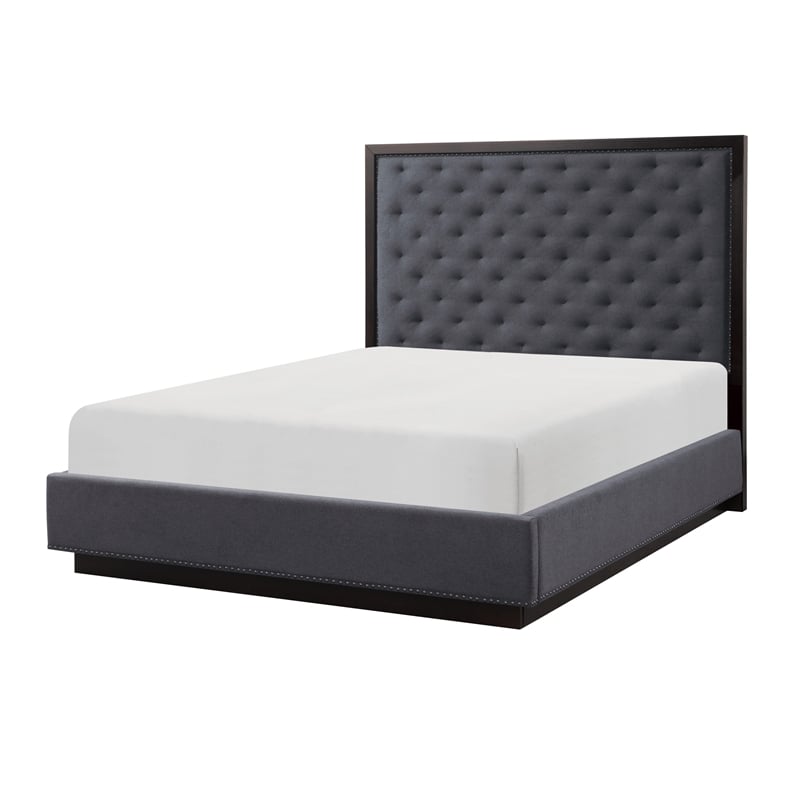 Pemberly Row Queen Size Bed with Button Tufted Headboard in Gray Ash Veneer