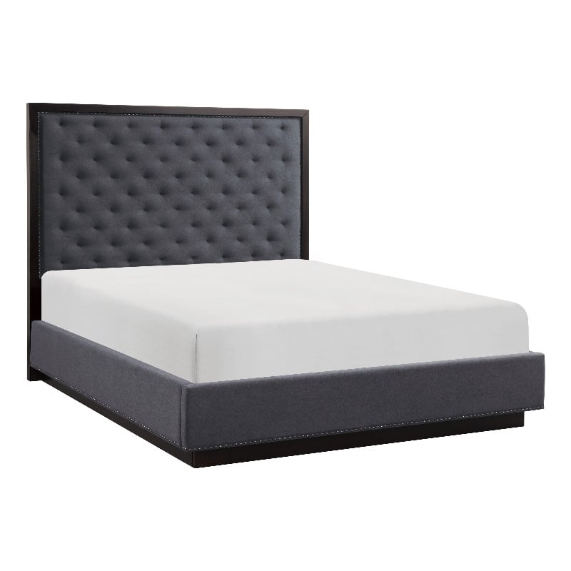 Pemberly Row Queen Size Bed with Button Tufted Headboard in Gray Ash Veneer
