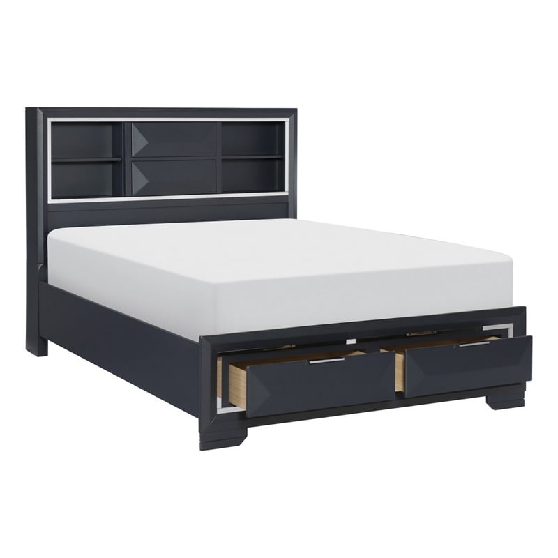 Pemberly Row Queen Bed with 2 Storage Drawers and Bookcase Midnight Blue