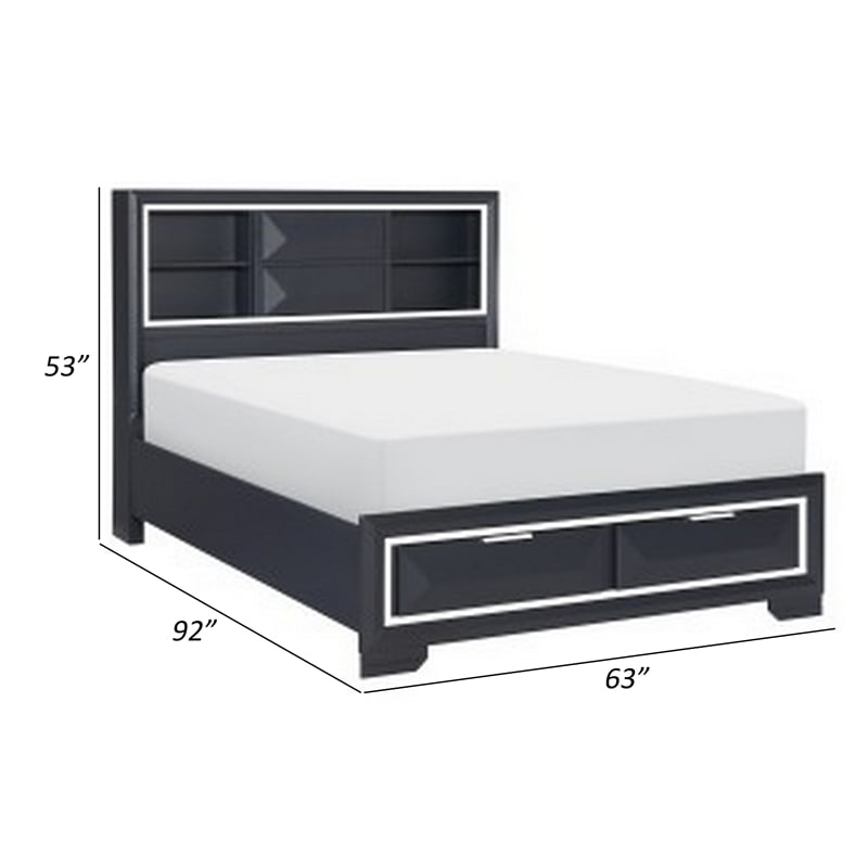 Pemberly Row Queen Bed with 2 Storage Drawers and Bookcase Midnight Blue