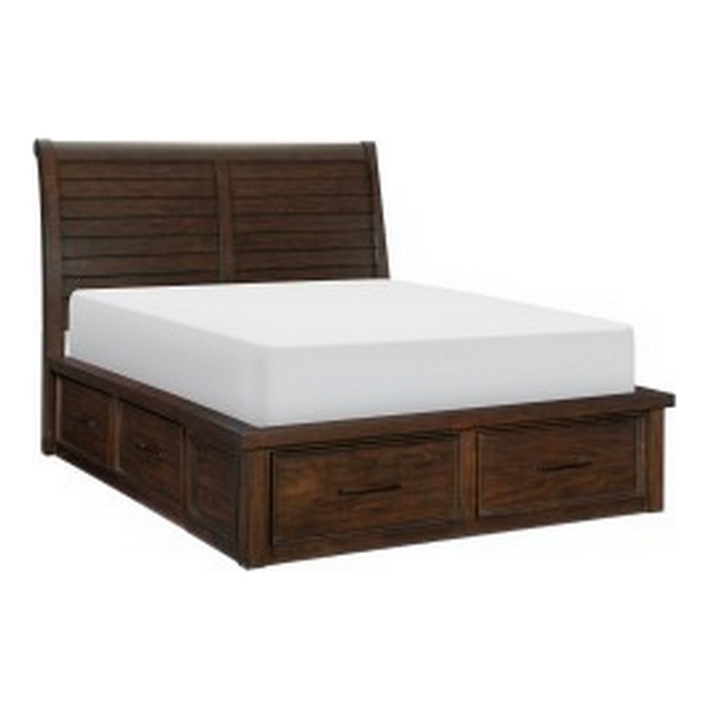 Pemberly Row Queen Platform Bed with 6 Storage Drawers Metal Handles Brown