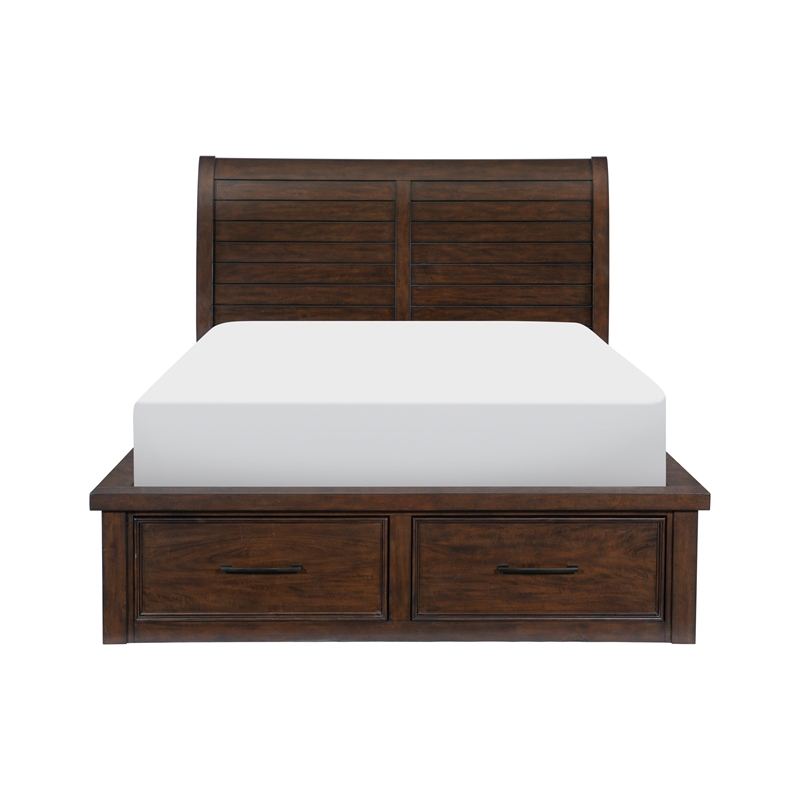 Pemberly Row Queen Platform Bed with 6 Storage Drawers Metal Handles Brown