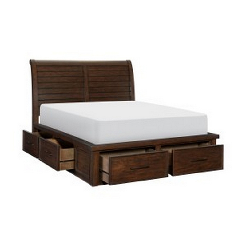 Pemberly Row Queen Platform Bed with 6 Storage Drawers Metal Handles Brown