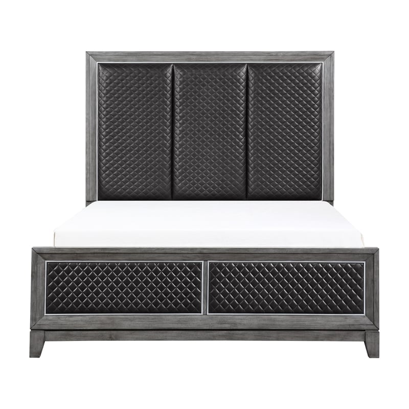 Pemberly Row Queen Bed Gray Faux Leather Upholstered Panels in Silver Gray