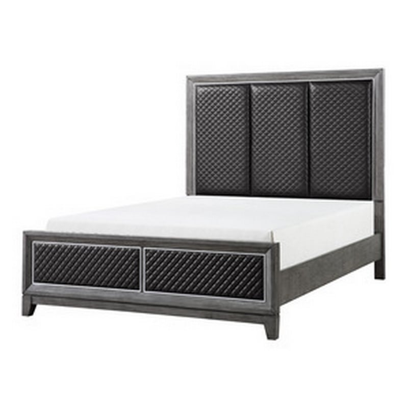 Pemberly Row Queen Bed Gray Faux Leather Upholstered Panels in Silver Gray