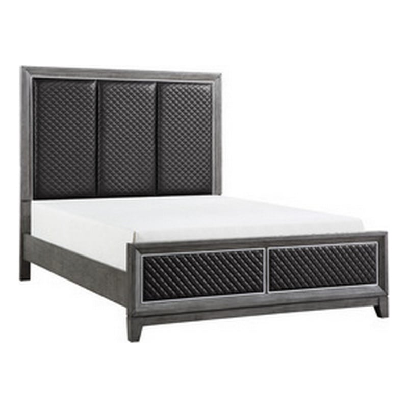Pemberly Row Queen Bed Gray Faux Leather Upholstered Panels in Silver Gray