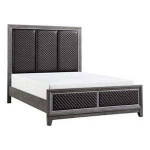 Pemberly Row Queen Bed Gray Faux Leather Upholstered Panels in Silver Gray