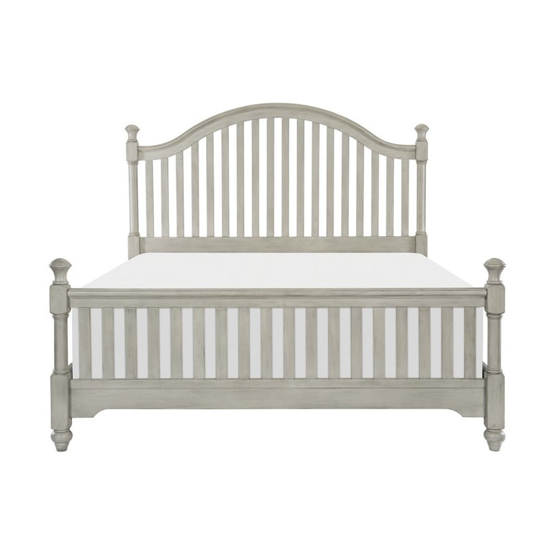 Pemberly Row Queen Bed with Slatted Arched Headboard and Finial Accents Gray