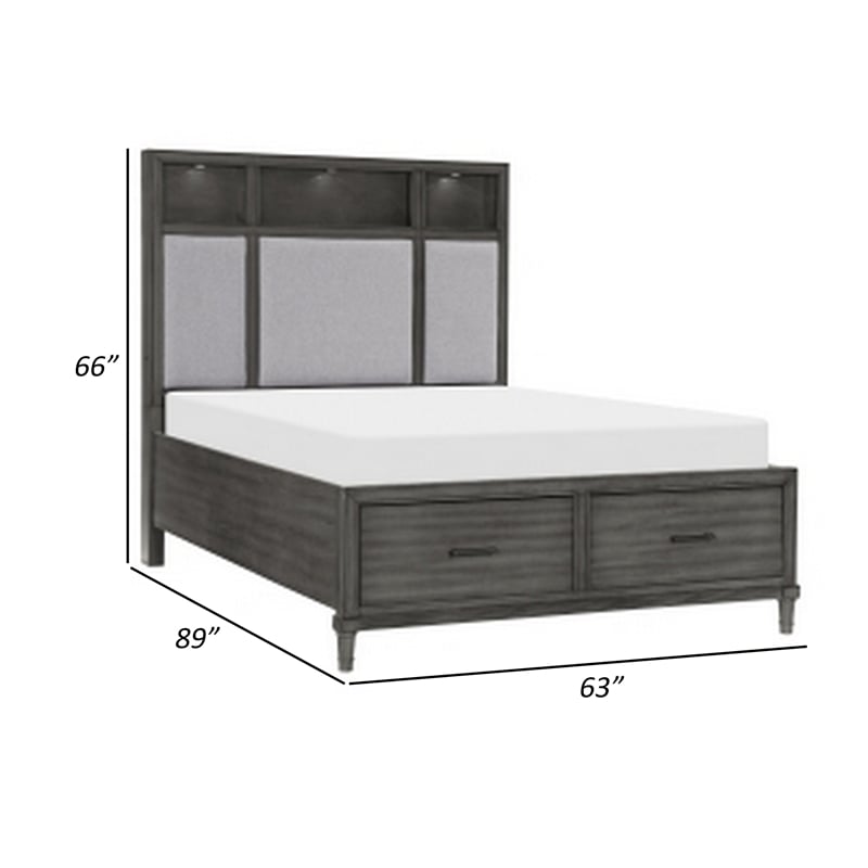 Pemberly Row Queen Platform Bed 2 Drawers Shelves on Headboard Pebble Gray