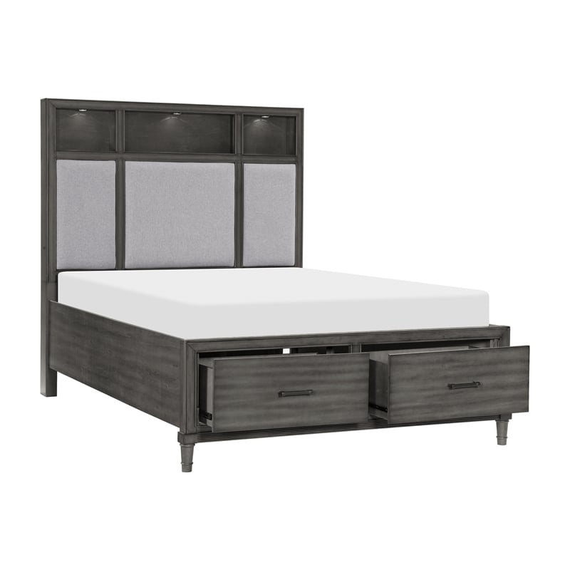 Pemberly Row Queen Platform Bed 2 Drawers Shelves on Headboard Pebble Gray