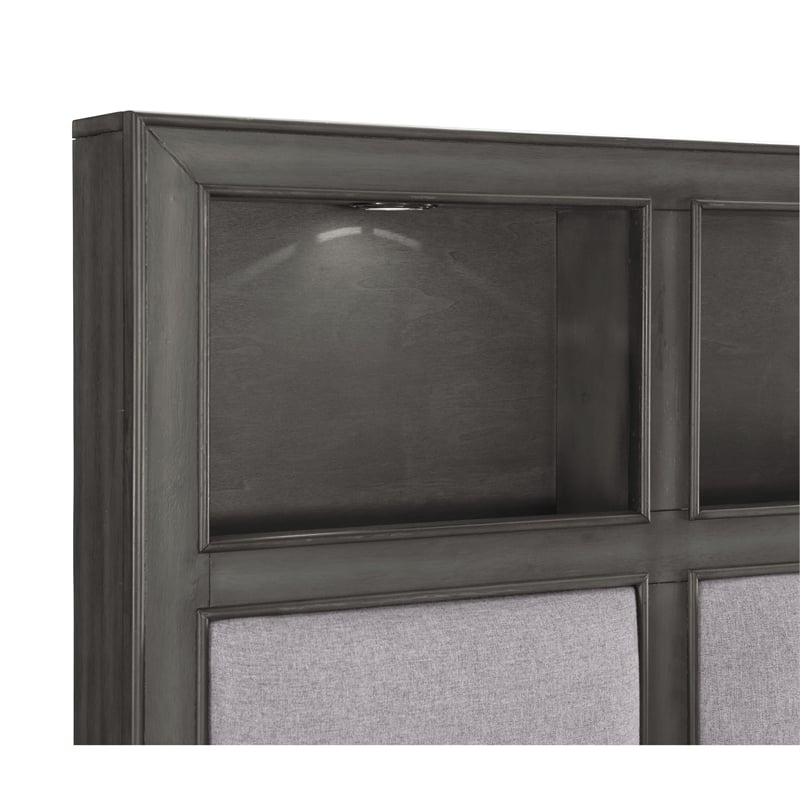 Pemberly Row Queen Platform Bed 2 Drawers Shelves on Headboard Pebble Gray