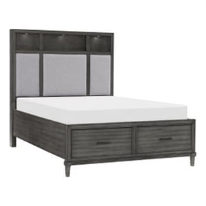 Pemberly Row Queen Platform Bed 2 Drawers Shelves on Headboard Pebble Gray