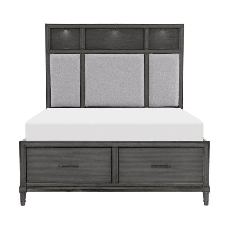 Pemberly Row Queen Platform Bed 2 Drawers Shelves on Headboard Pebble Gray