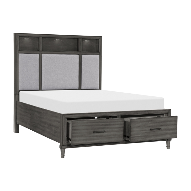 Pemberly Row Queen Platform Bed 2 Drawers Shelves on Headboard Pebble Gray