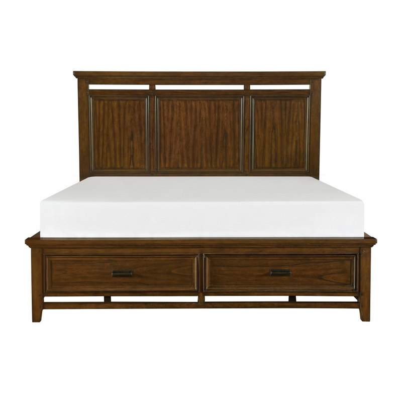 Pemberly Row Queen Platform Bed with 2 Drawers Bar Handles in Brown Cherry