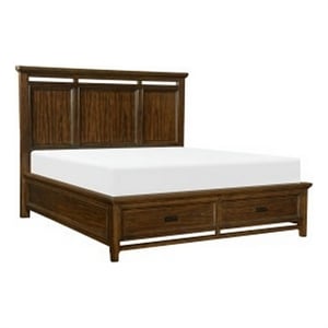 Pemberly Row Queen Platform Bed with 2 Drawers Bar Handles in Brown Cherry