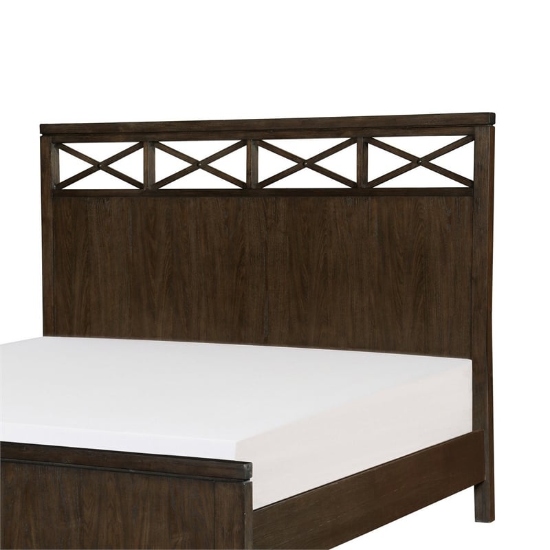 Pemberly Row Queen Bed with X Shaped Panel Accents Headboard in Dark Brown