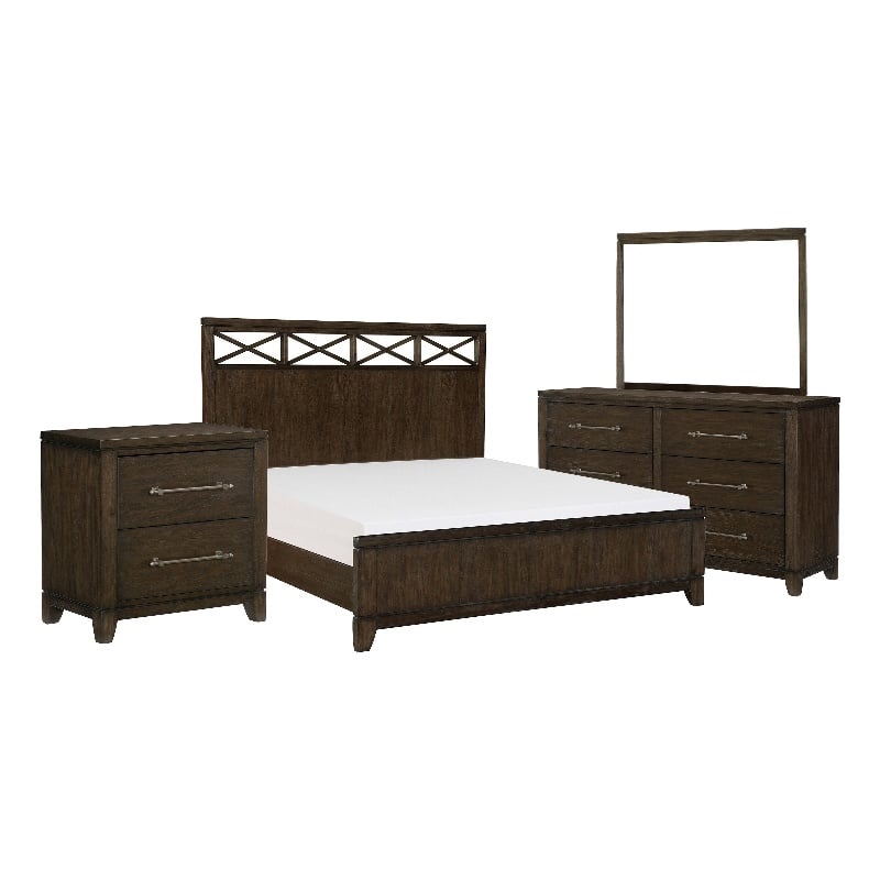 Pemberly Row 4 Pc Queen Bedroom Set with X Accents Headboard Dark Brown