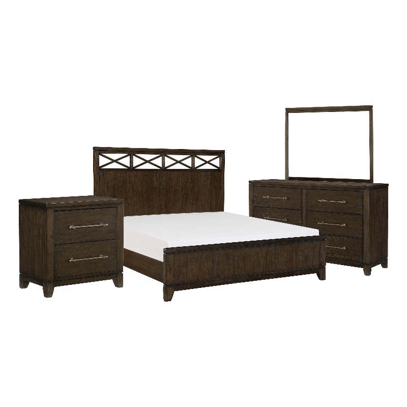 Pemberly Row 4 Pc Queen Bedroom Set with X Accents Headboard Dark Brown