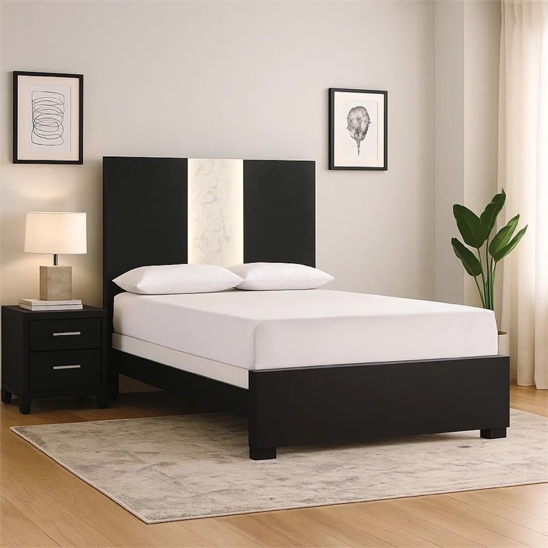Pemberly Row Queen Panel Bed with Built In Light White Marble Trim in Black