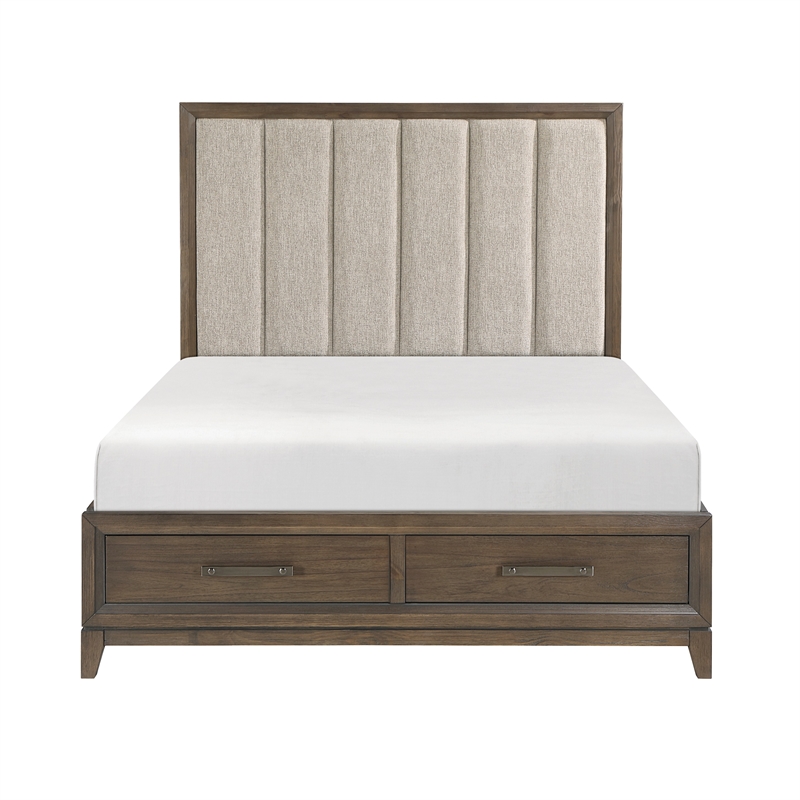 Pemberly Row Queen Platform Bed Chenille Channel Tufted Upholstery Walnut