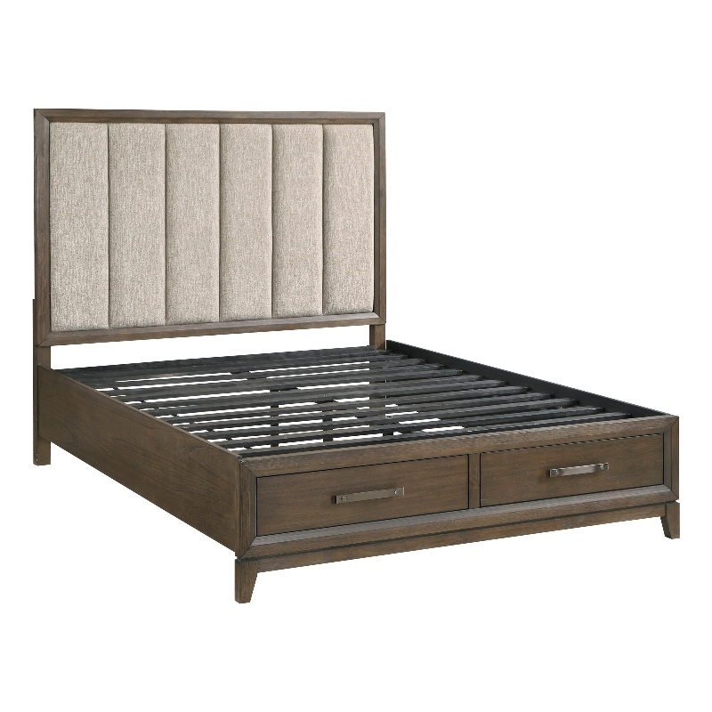 Pemberly Row Queen Platform Bed Chenille Channel Tufted Upholstery Walnut