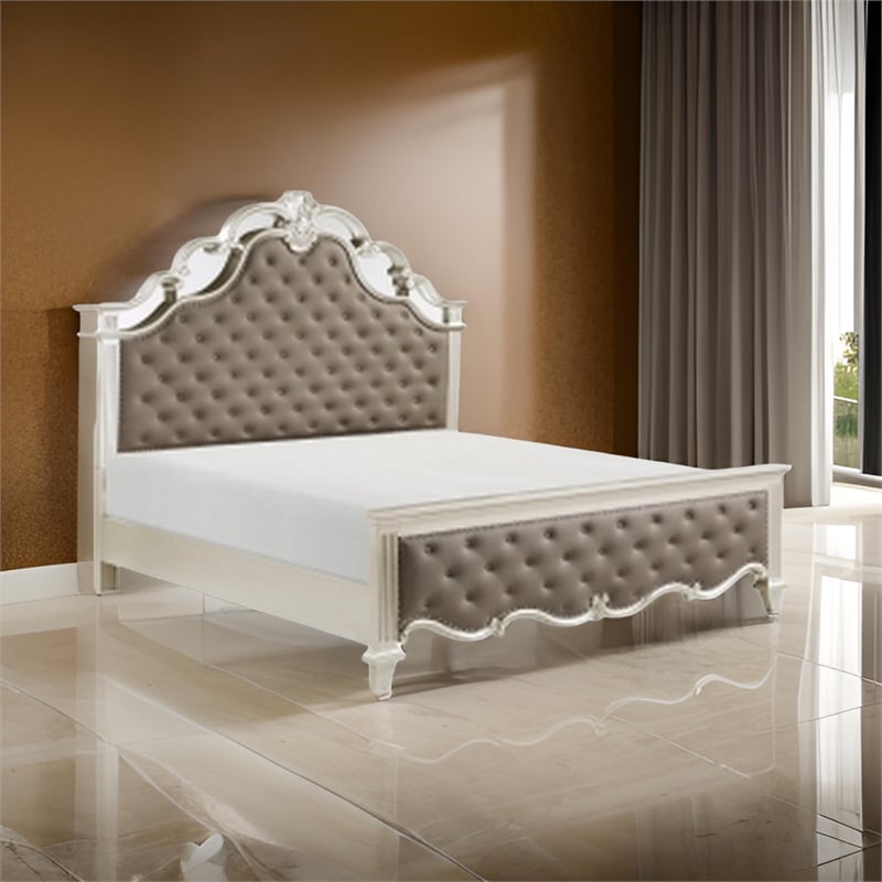 Pemberly Row Queen Bed Button Tufted Vegan Faux Leather in Champagne Silver