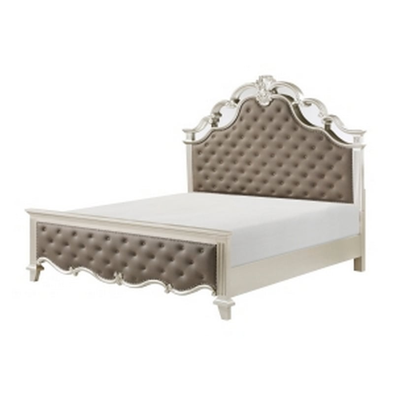 Pemberly Row Queen Bed Button Tufted Vegan Faux Leather in Champagne Silver