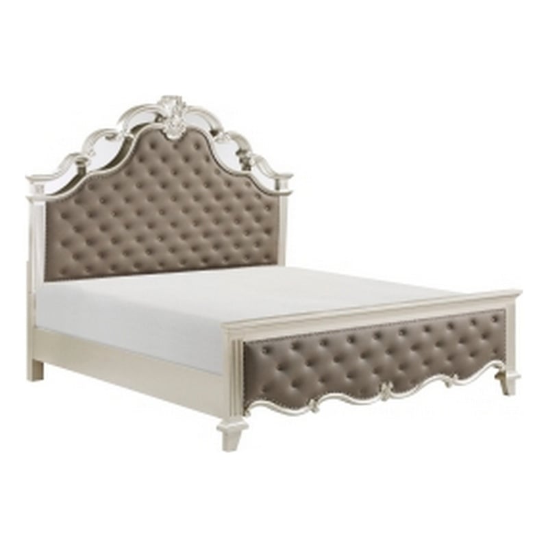 Pemberly Row Queen Bed Button Tufted Vegan Faux Leather in Champagne Silver