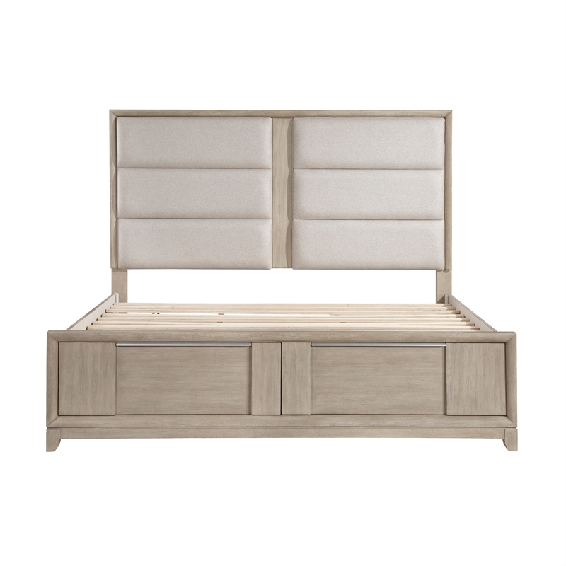 Pemberly Row Queen Platform Bed Storage Drawers Upholstery in Light Beige