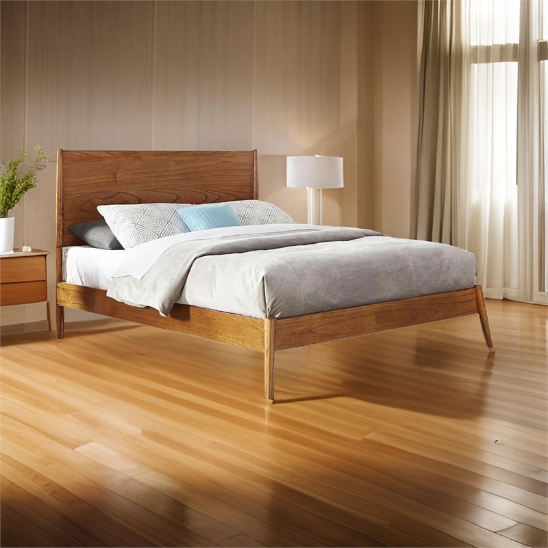 Pemberly Row Queen Size Platform Bed Low Profile Frame Panel Headboard Brown