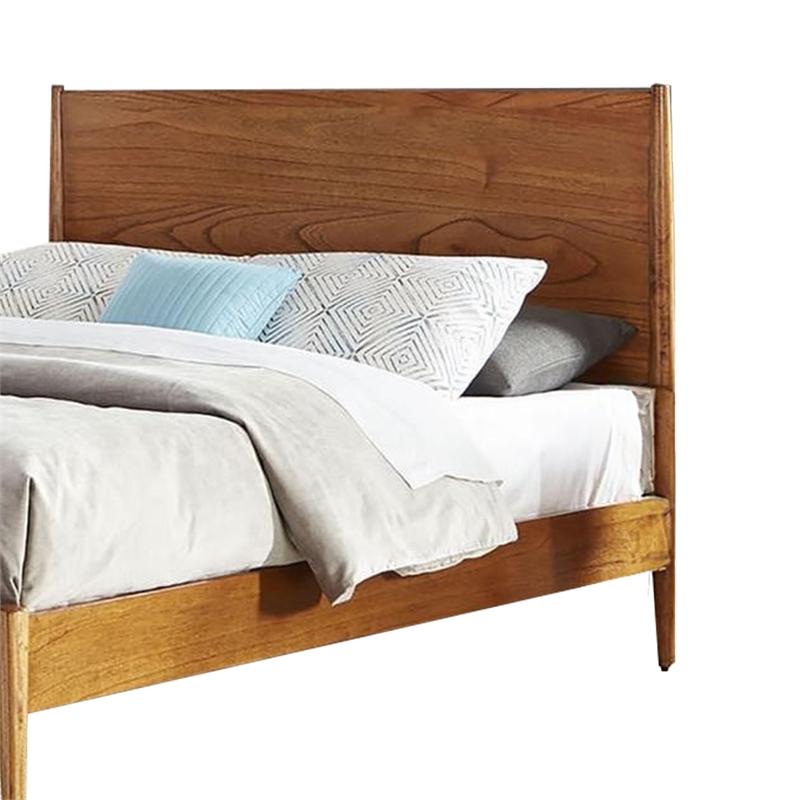 Pemberly Row Queen Size Platform Bed Low Profile Frame Panel Headboard Brown