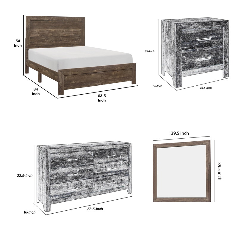 Pemberly Row 4 Piece Queen Size Bedroom Set with Panel Design in Brown