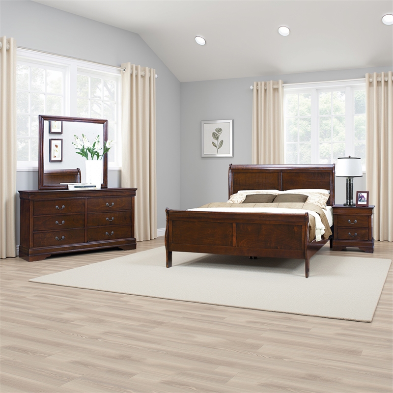 Pemberly Row 4 Piece Queen Bedroom Set Antique Brass Handles Cherry Brown