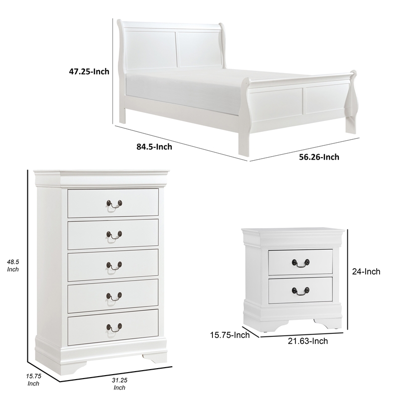 Pemberly Row 3 Piece Full Size Bedroom Set Brass Metal Handles in White