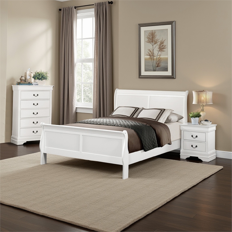 Pemberly Row 3 Piece Full Size Bedroom Set Brass Metal Handles in White