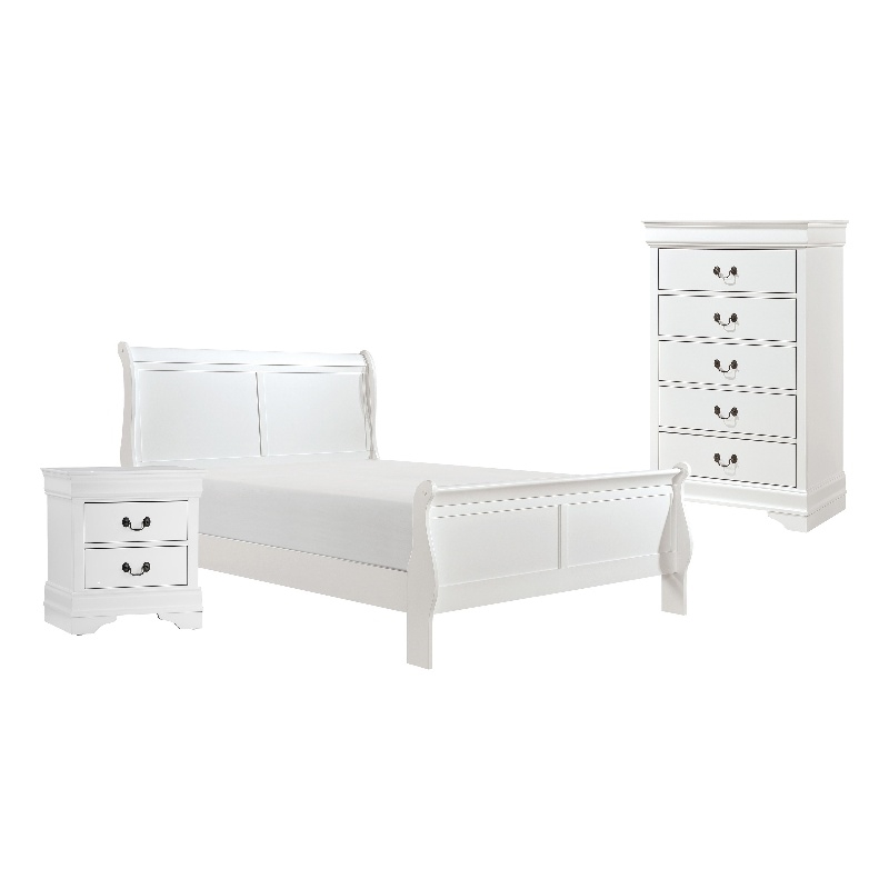Pemberly Row 3 Piece Full Size Bedroom Set Brass Metal Handles in White